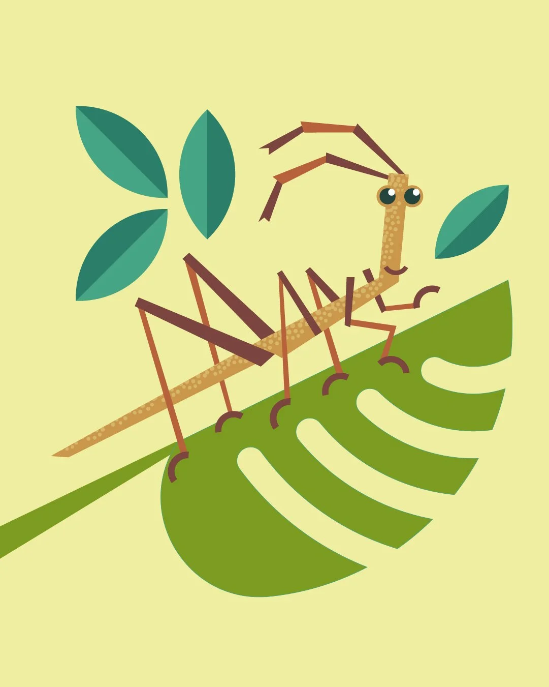 A cartoon illustration of a small, cheerful mantis on a tree branch with green leaves, set against a light yellow background.