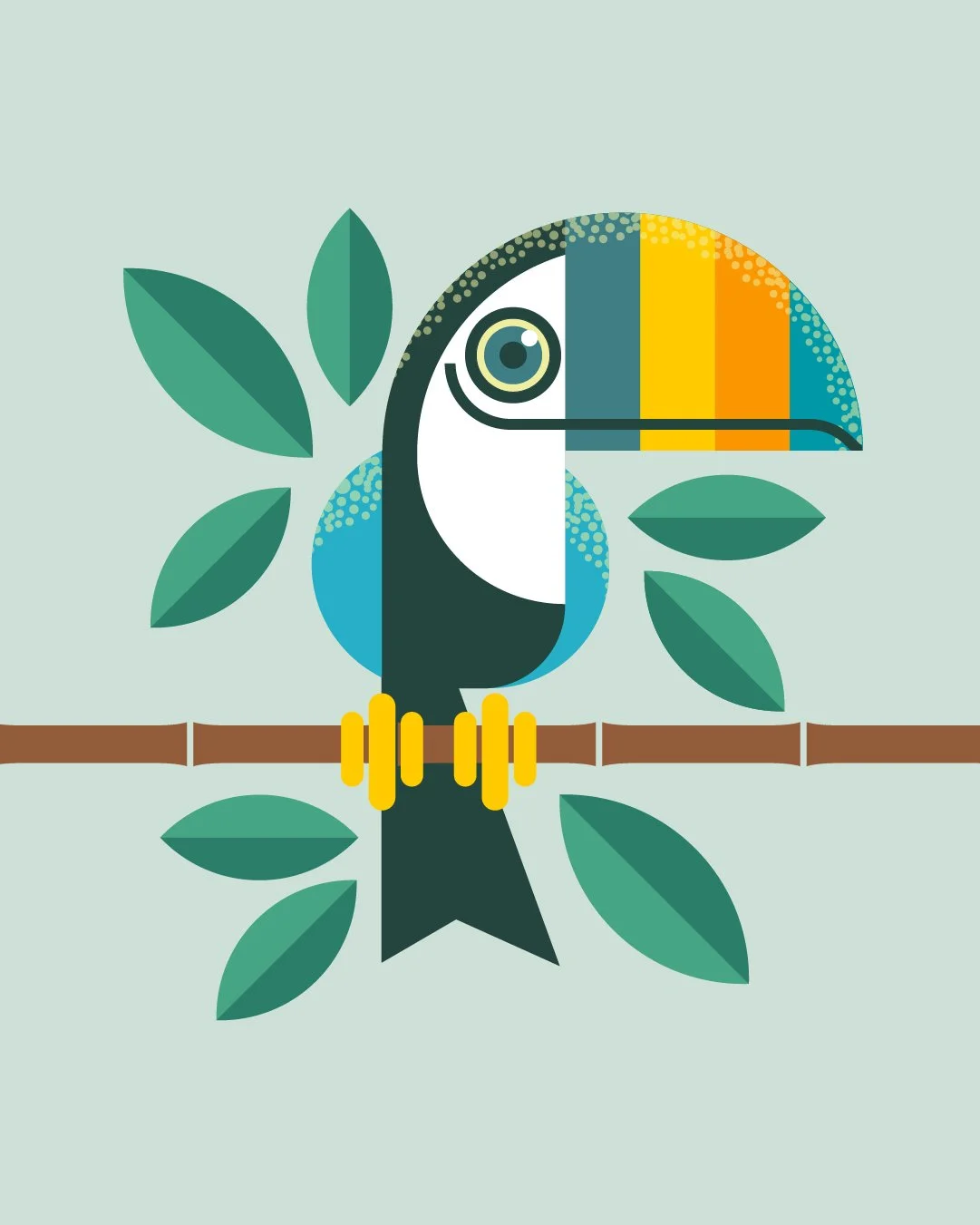 Stylized digital illustration of a toucan perched on a branch with green leaves, featuring vibrant colors including orange, yellow, black, white, and blue.
