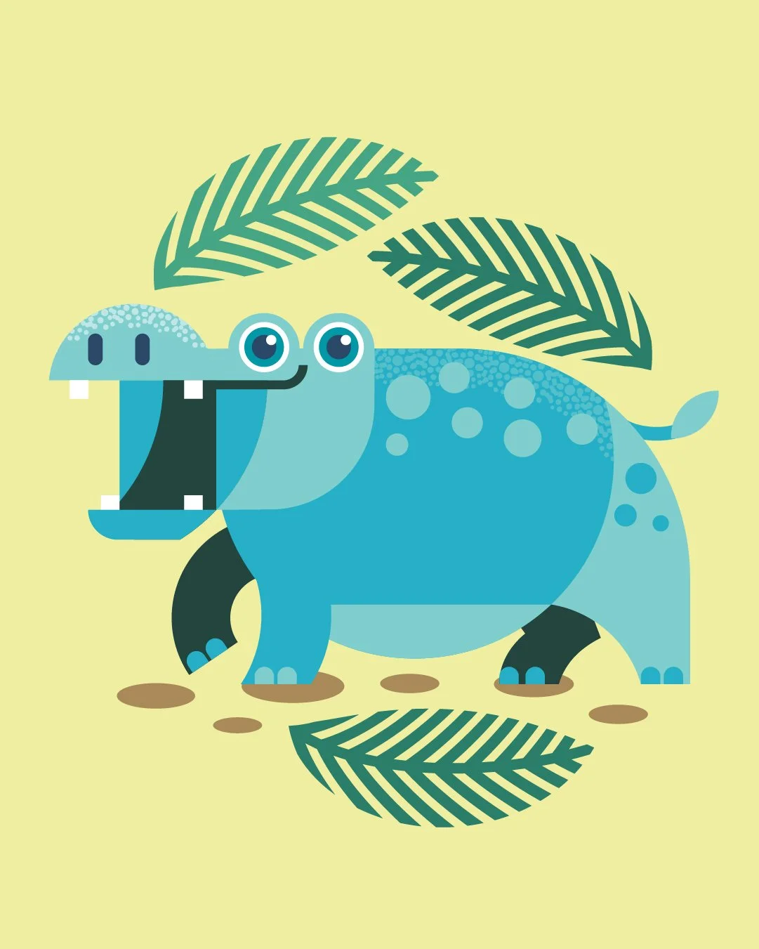 A cartoon dinosaur with a blue body, large eyes, two prominent white teeth, and surrounded by green leaves on a light yellow background.