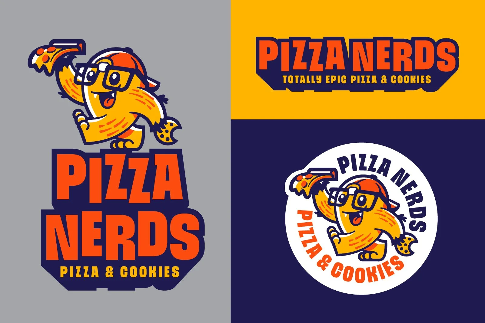 Four logos for Pizza Nerds featuring a cartoon dinosaur with glasses holding a pizza slice, with different background colors and layouts.