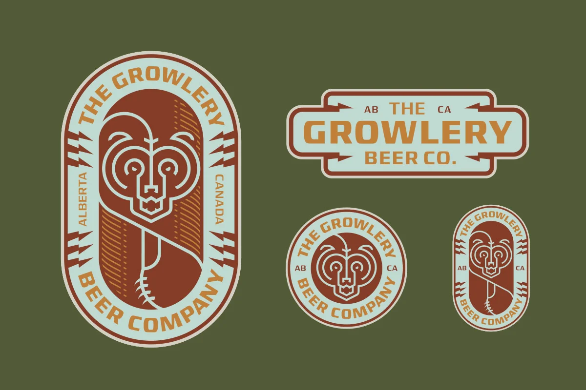Set of four logo stickers for The Growlery Beer Co., featuring a stylized lion's face and tail, with orange and light blue colors on a green background.