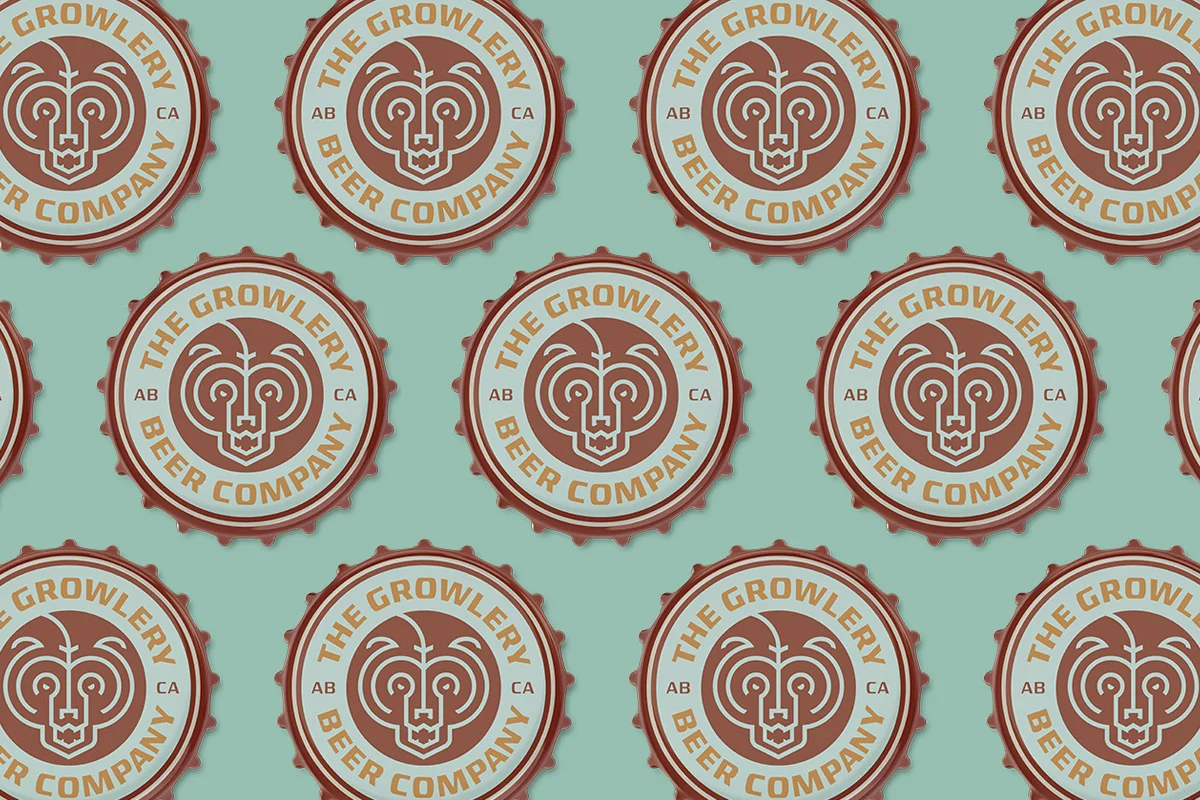 Repeated pattern of beer bottle caps with the logo of The Growlery Beer Company, featuring a stylized lion's face within a circular border on a teal background.