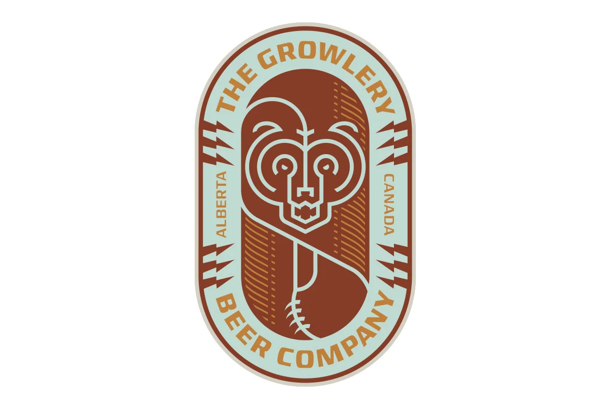 A logo for The Growlery Beer Company featuring a stylized bear's face with a geometric, minimalist design in brown, orange, and light blue colors, with the company's name and location in Alberta, Canada.