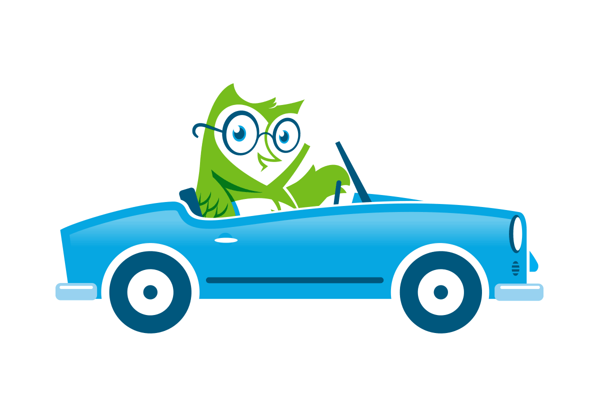 A cartoon green frog with glasses driving a blue convertible car.