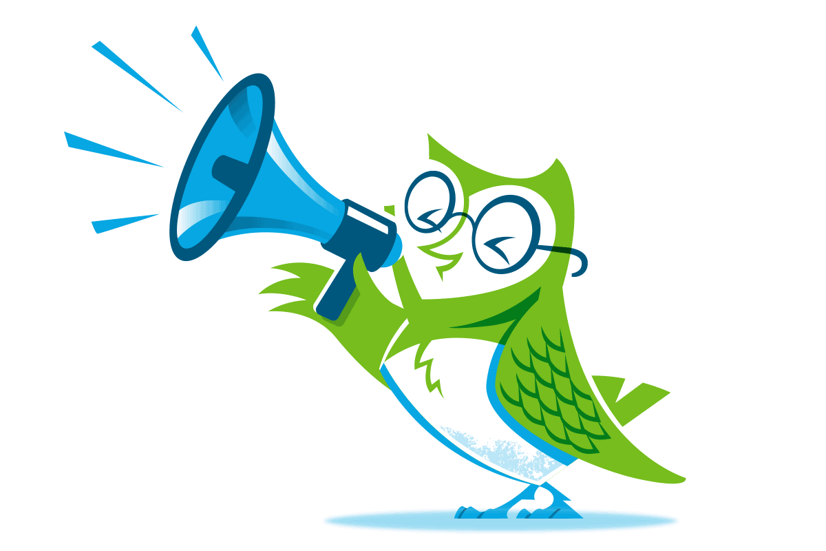 A cartoon fish with glasses holding a blue megaphone in its fin, appearing to speak or shout.