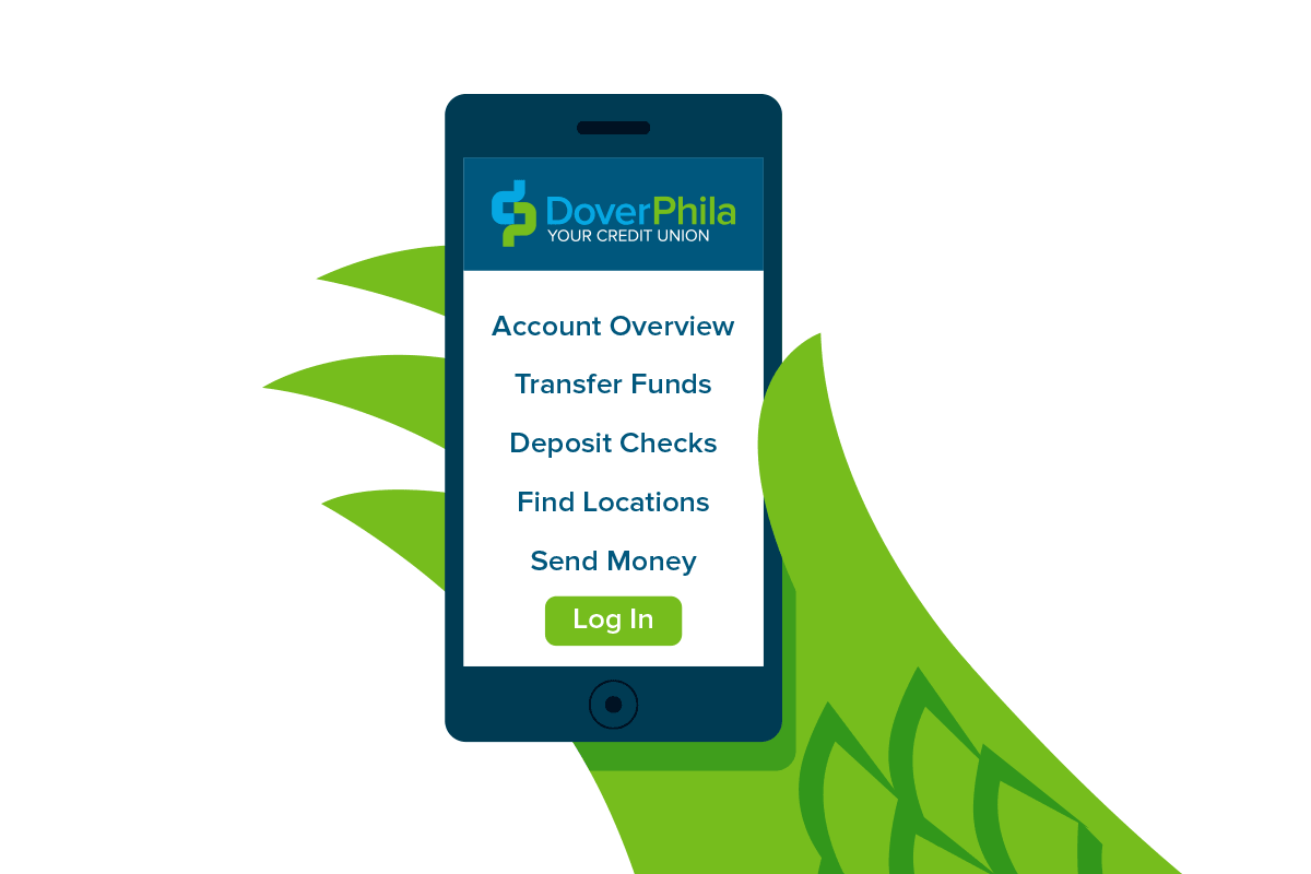 Mobile banking app screen from DoverPhila on a smartphone being held by a green hand, showing options for account overview, transfer funds, deposit checks, find locations, send money, and a green log-in button.