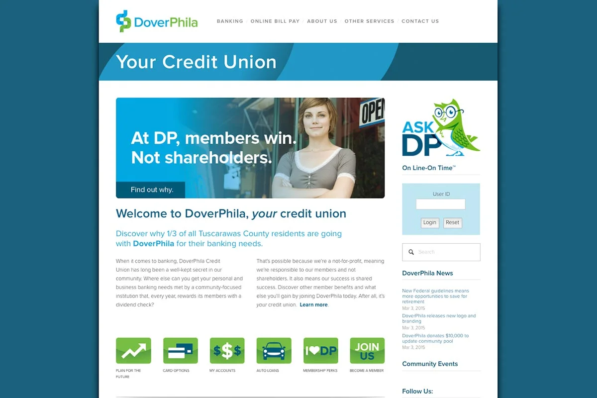 Screenshot of DoverPhila credit union webpage with a headline, a woman standing by an 'Open' sign, and various sections about banking services and member benefits.