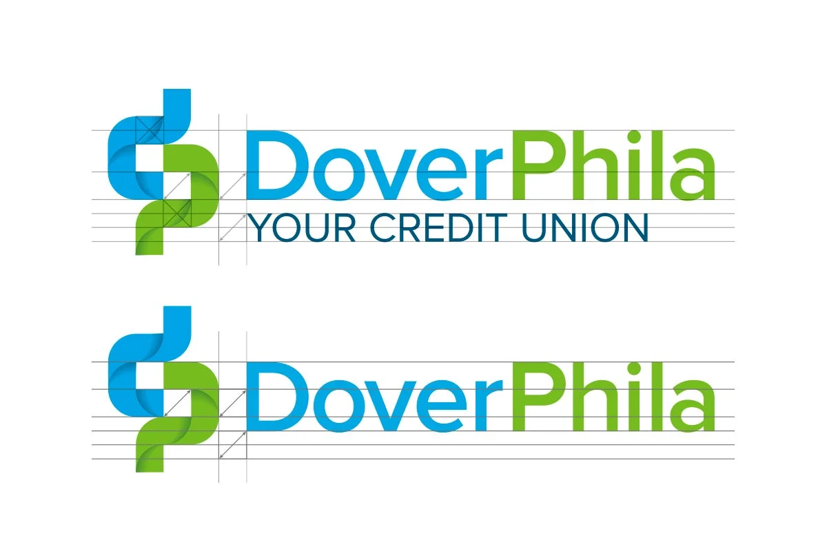 Logo for DoverPhila Credit Union with a design mark made of two overlapping shapes in blue and green, followed by the text 'DoverPhila' in blue and green, and 'YOUR CREDIT UNION' in blue beneath.