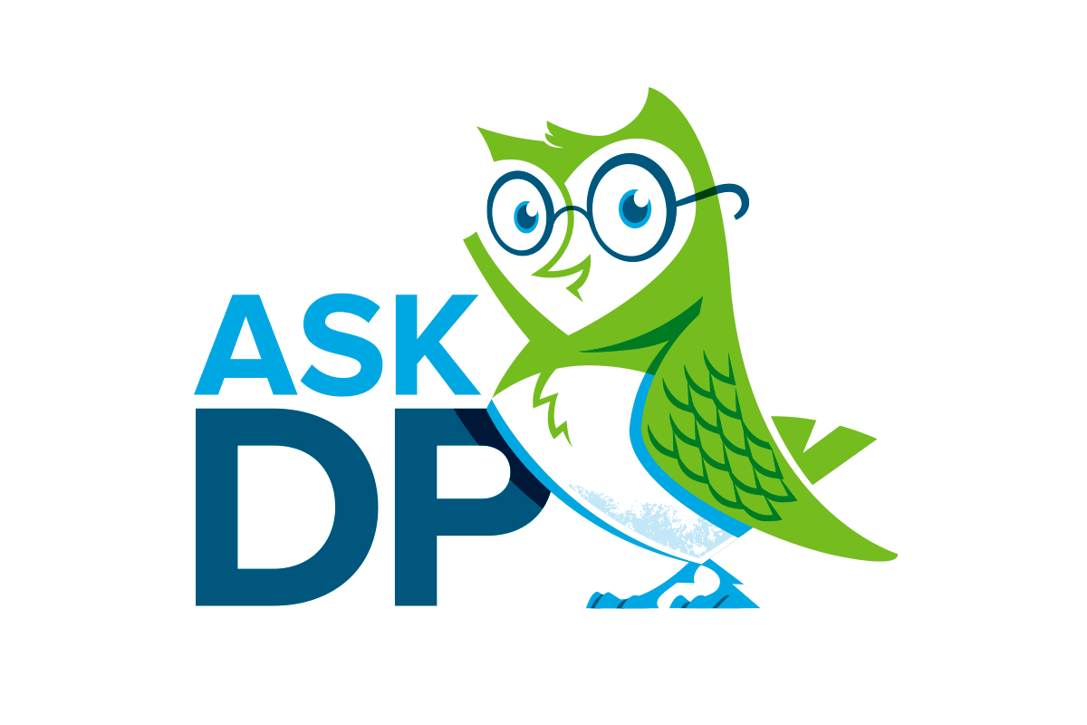 A cartoon green owl with glasses, standing next to the text 'ASK DP' in blue letters.
