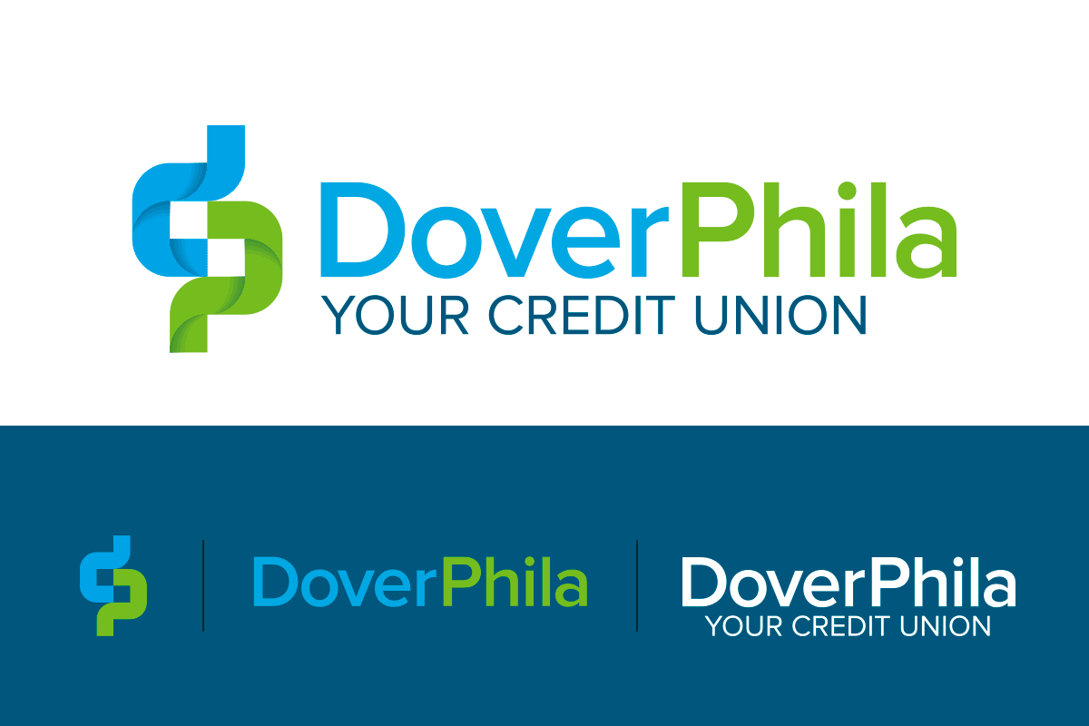 Logo of DoverPhila Credit Union with a blue and green abstract symbol and the text "DoverPhila Your Credit Union" in blue and green, with a variation of the logo on a dark blue background.