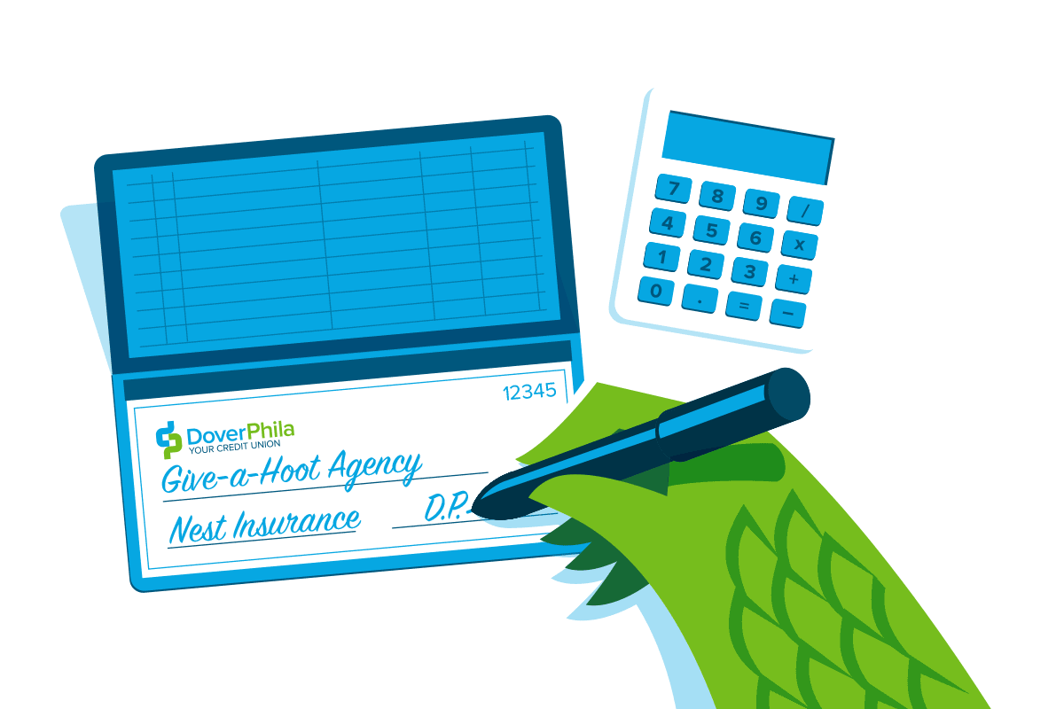 A hand in a green dragon costume is writing a check, with a blue calculator and a blue ledger nearby.