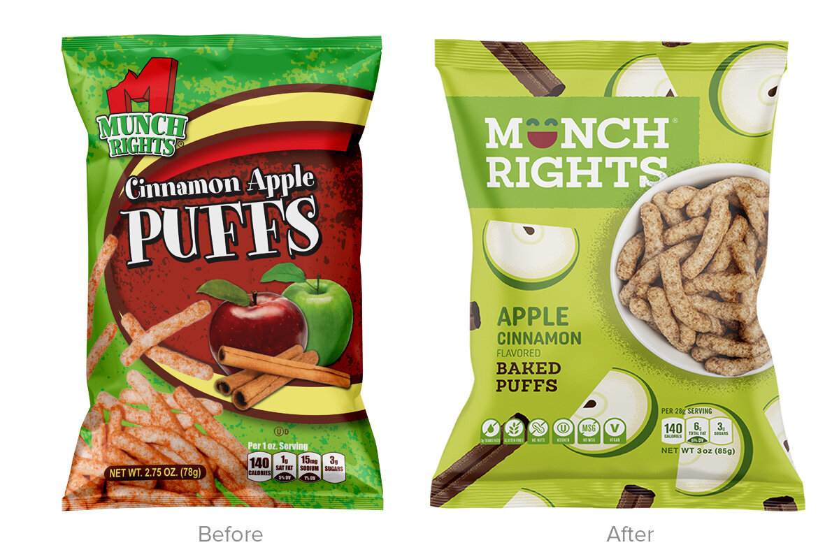 Comparison of two snack packages. The 'Before' package is green and red, labeled 'Cinnamon Apple Puffs' with images of apples, cinnamon sticks, and puffs. The 'After' package is green with sliced apples and a bowl of apple cinnamon puffs.