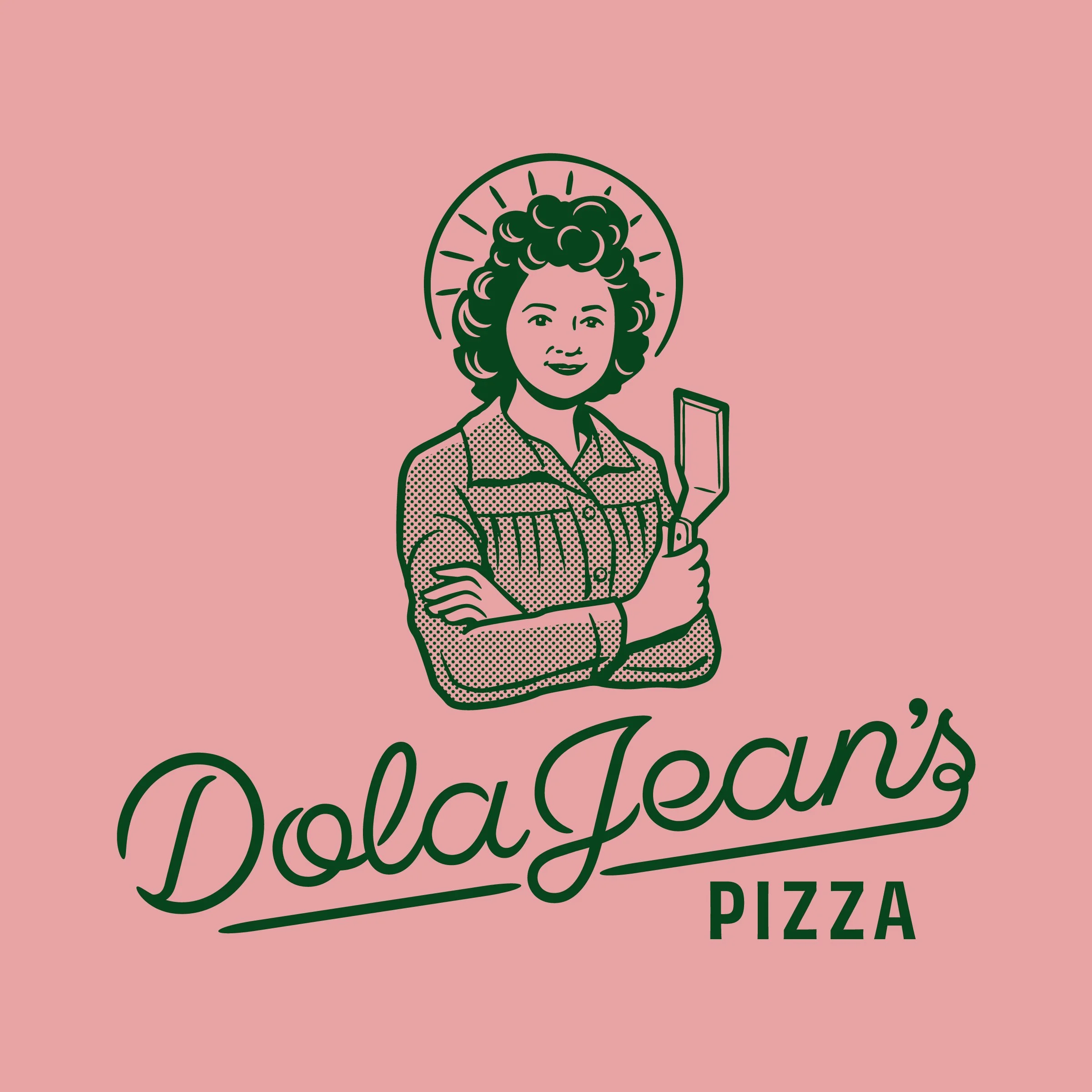 Line drawing of a woman with curly hair holding a phone, smiling, with a halo-like circle around her head, on a pink background, with text indicating a pizza restaurant.