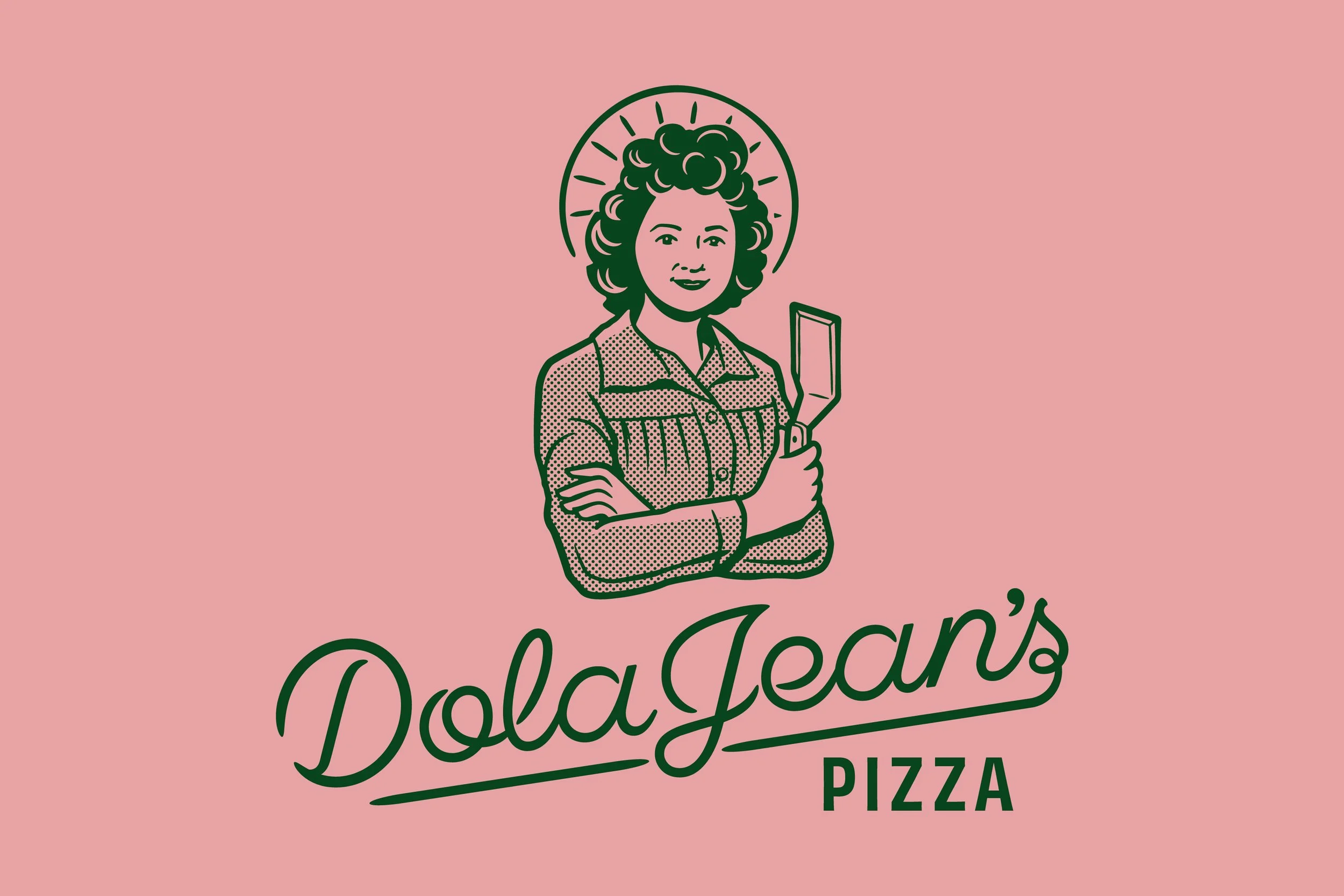 Logo for Dora Jean's Pizza featuring an illustrated woman with curly hair, holding a pizza slice, with a halo of lines around her head, against a pink background.