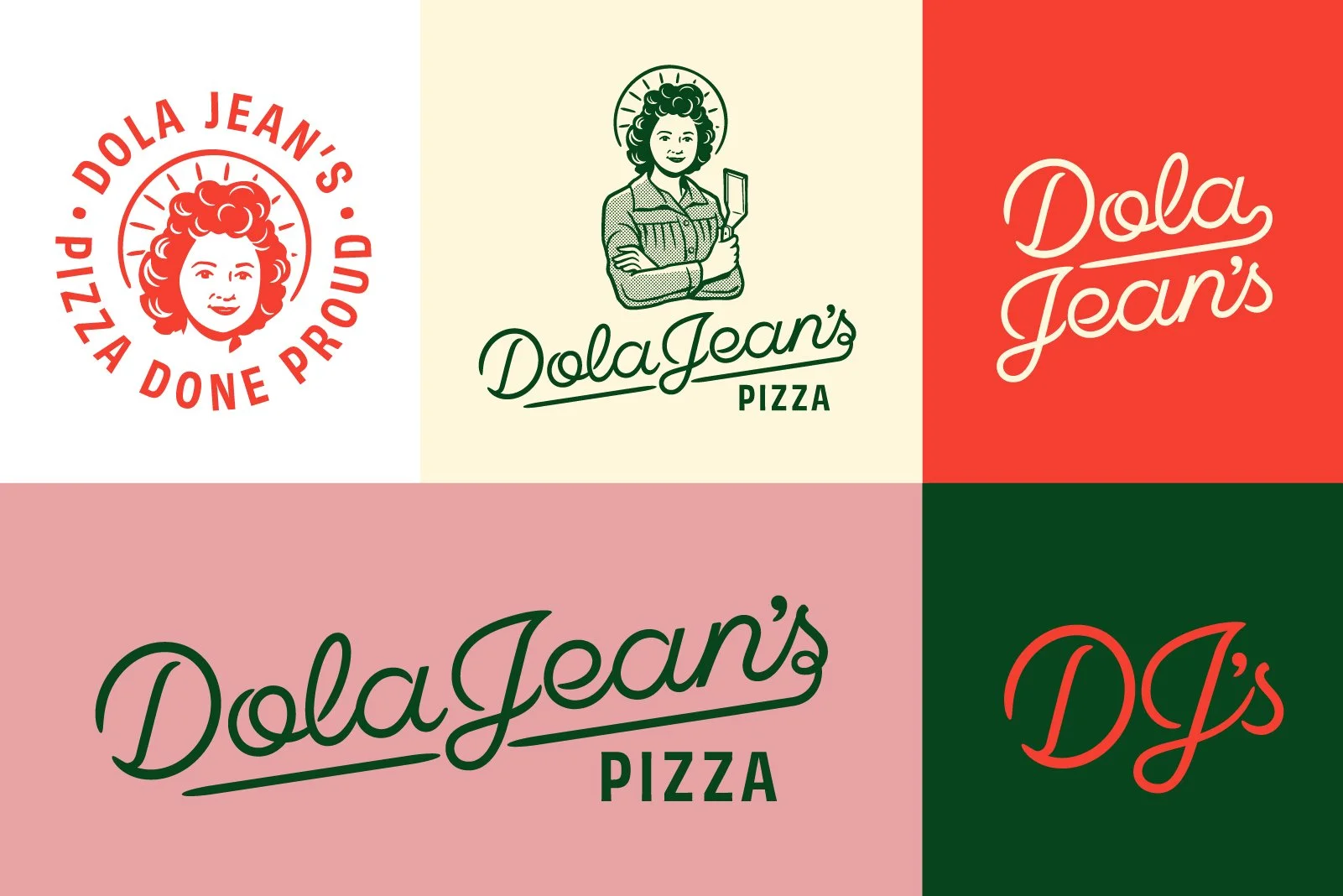 A collage of five logos for Dola Jean's, a pizza place. The logos feature a red, green, and pink color scheme, with illustrations and cursive or bold text.