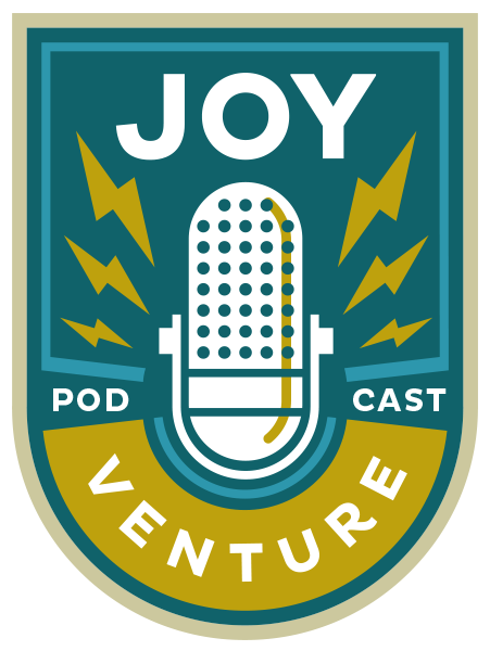 A badge for the Joy Podcaste Venture with a microphone icon and lightning bolts.