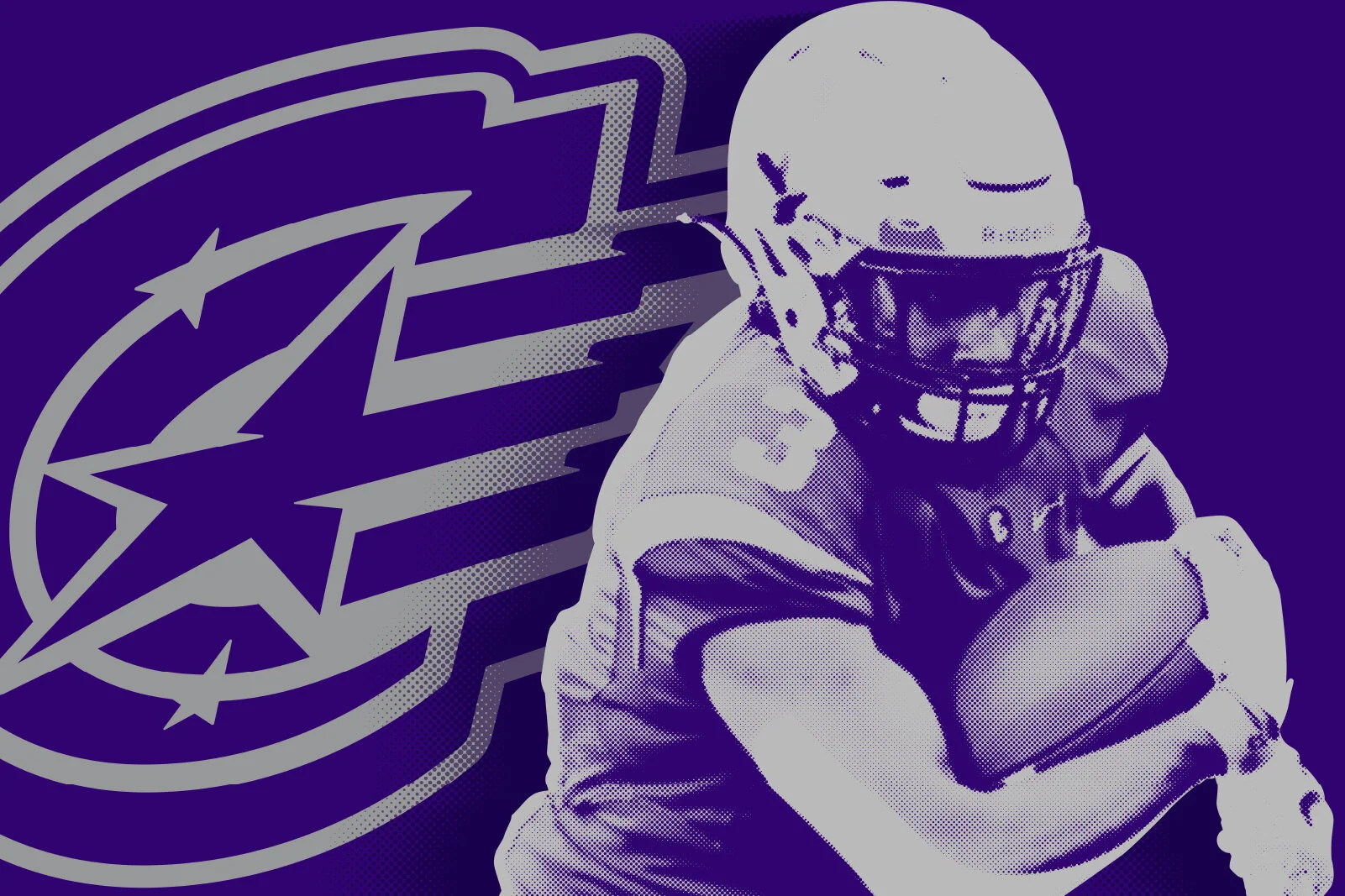 A football player wearing a helmet and uniform sitting in front of a large team logo with stars and an arrow in purple, white, and gray colors.
