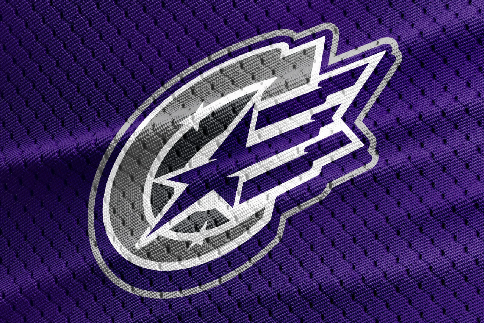 Close-up of a sports jersey with the logo of the Vancouver Canucks, a hockey team, on a purple textured background.