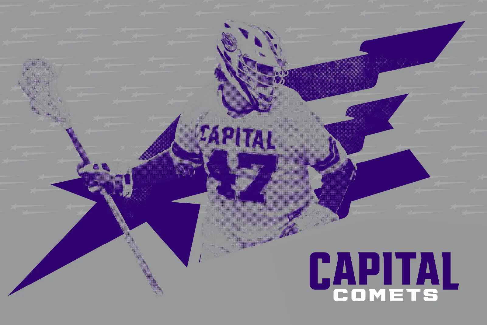 Graphic of a hockey player in a uniform with the number 27 and the word 'CAPITAL' on the front, holding a hockey stick, with stylized star and arrow elements in the background, and the words 'CAPITAL COMETS' at the bottom.