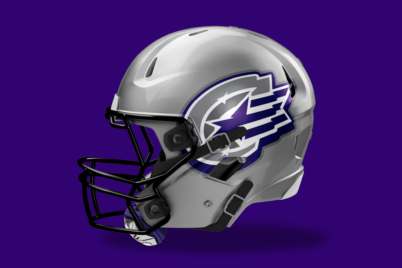 Silver football helmet with a purple and white logo on the side, black faceguard, set against a dark purple background.