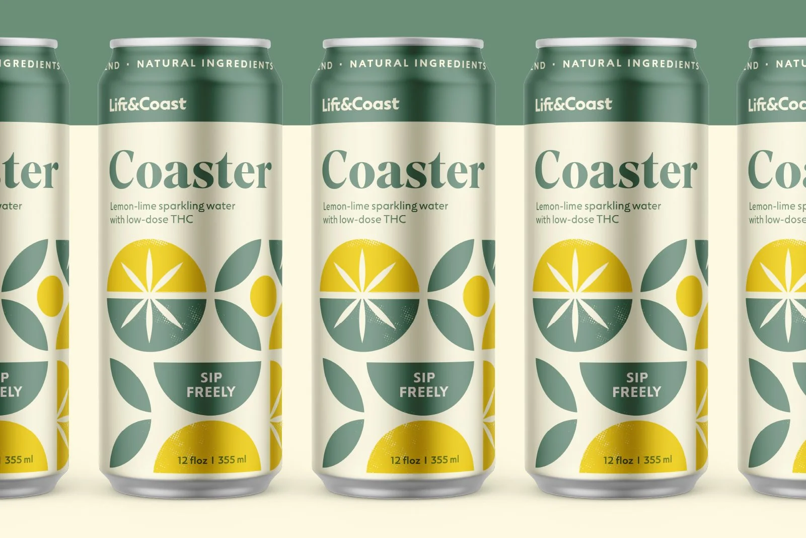 Multiple cans of Lift & Coast Coaster lemon-lime sparkling water with low-dose THC, featuring green, yellow, and white design elements and the words "SIP FREELY" and product details.