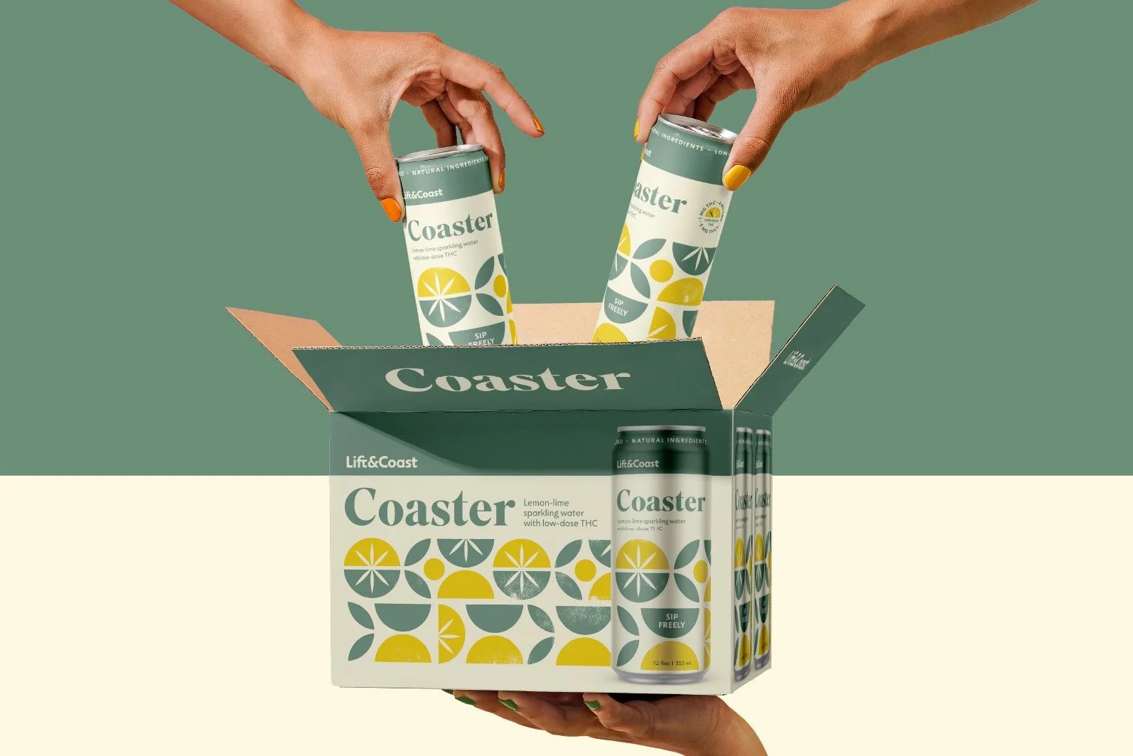 A person with painted nails is placing cans of Lemon-Lime sparkling water into a green and white box labeled 'Coaster' with a colorful citrus design, against a simple background.