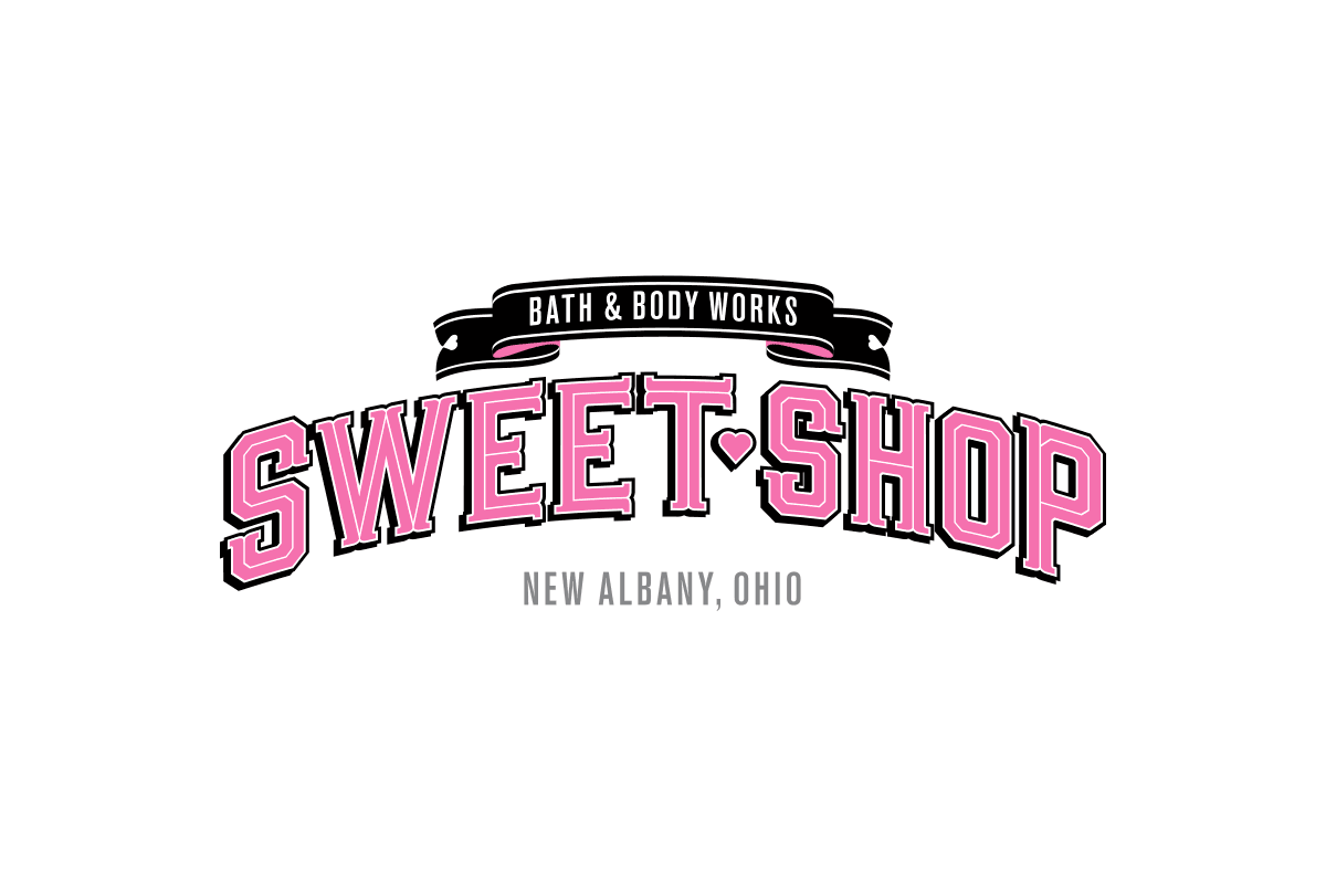 Logo for Sweet Shop, a Bath & Body Works store in New Albany, Ohio, with pink and black text and decorative elements.