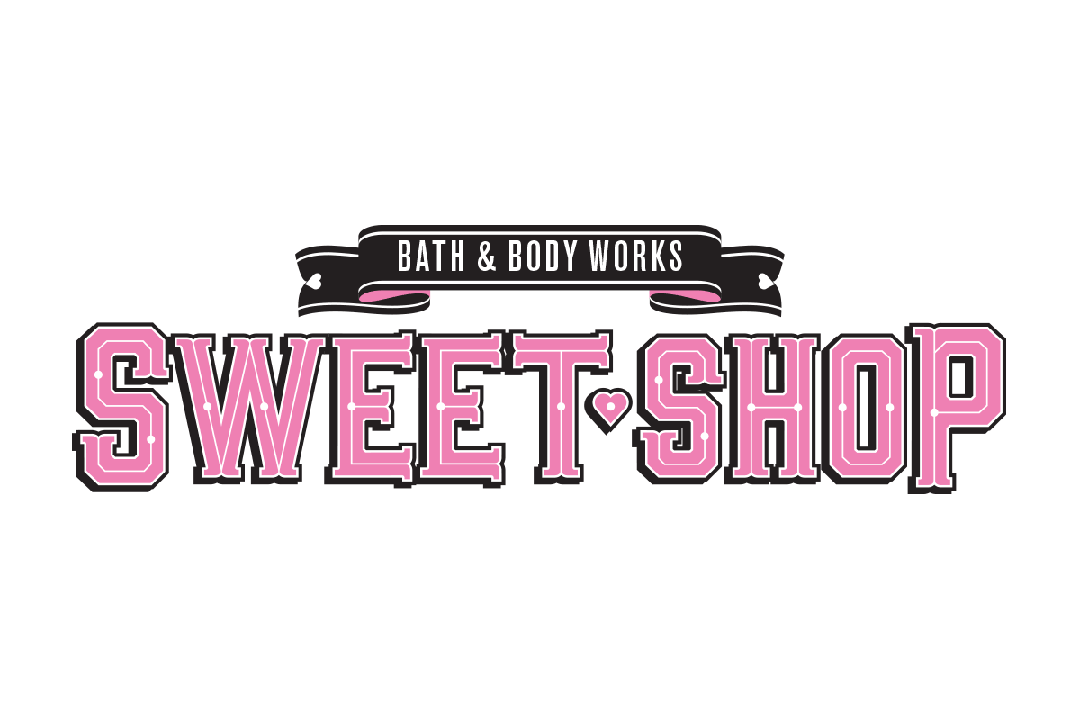 Logo for Sweet Shop Bath & Body Works, with pink and black stylized text and a decorative banner.