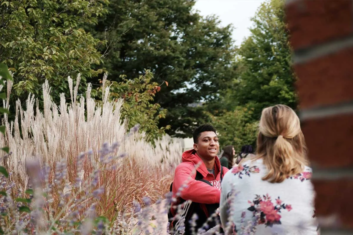 A young man and a woman sitting on a bench outdoors, surrounded by tall ornamental grasses and trees, engaging in conversation.