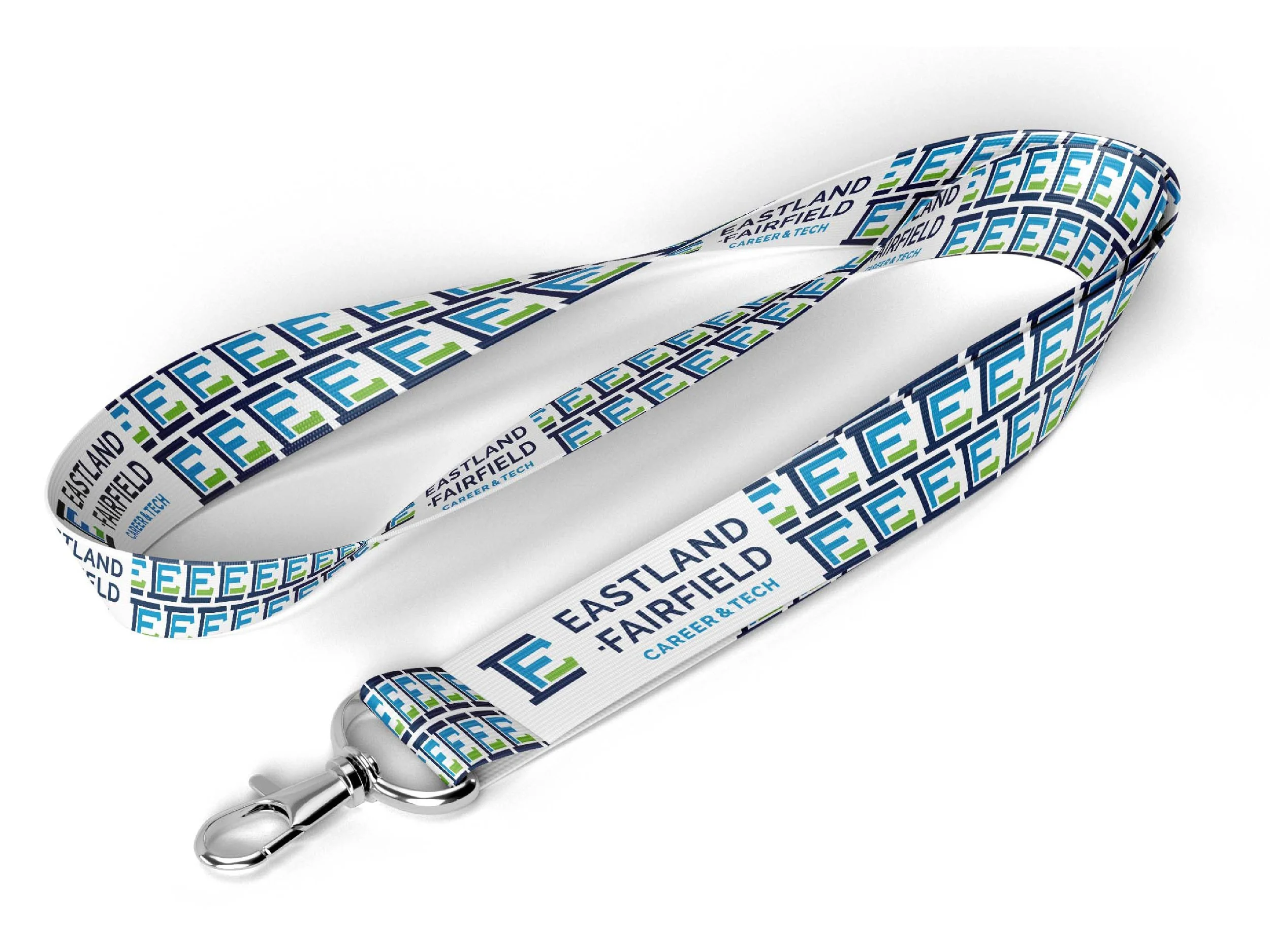 Promotional lanyard with a repeating pattern of the words 'Eastland Fairfield Career & Tech' in blue, green, and black, with a metal clip at the end.