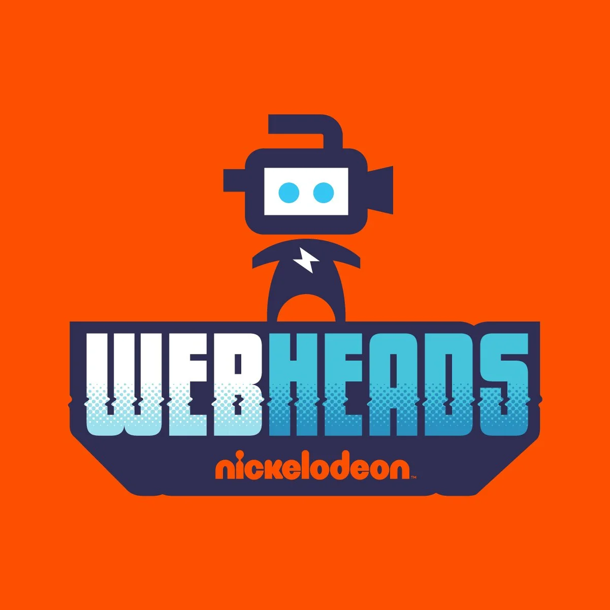 Logo for Webheads by Nickelodeon, featuring a cartoon robot with a television screen head, orange background.