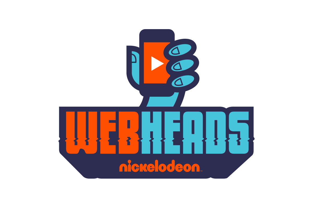 A cartoon-style logo for WEBHEADS Nickelodeon featuring a hand holding a smartphone with a play button on the screen, and the text 'WEBHEADS' in bold, colorful letters.