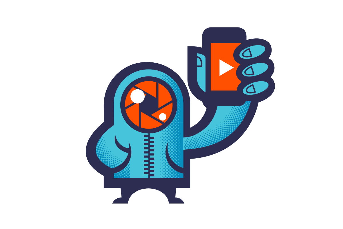 Illustration of a humanoid figure with a stylized camera lens as a head, wearing a hoodie, holding a smartphone with a play button on the screen, symbolizing video or media content.