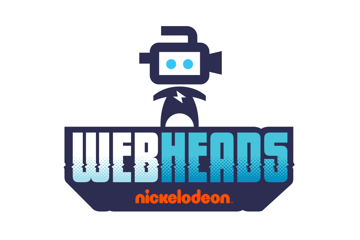Logo for Webheads featuring a cartoon robot head with blue eyes and a lightning bolt on its chest, with the text 'WEBHEADS' in blue and white, and the Nickelodeon logo in orange below