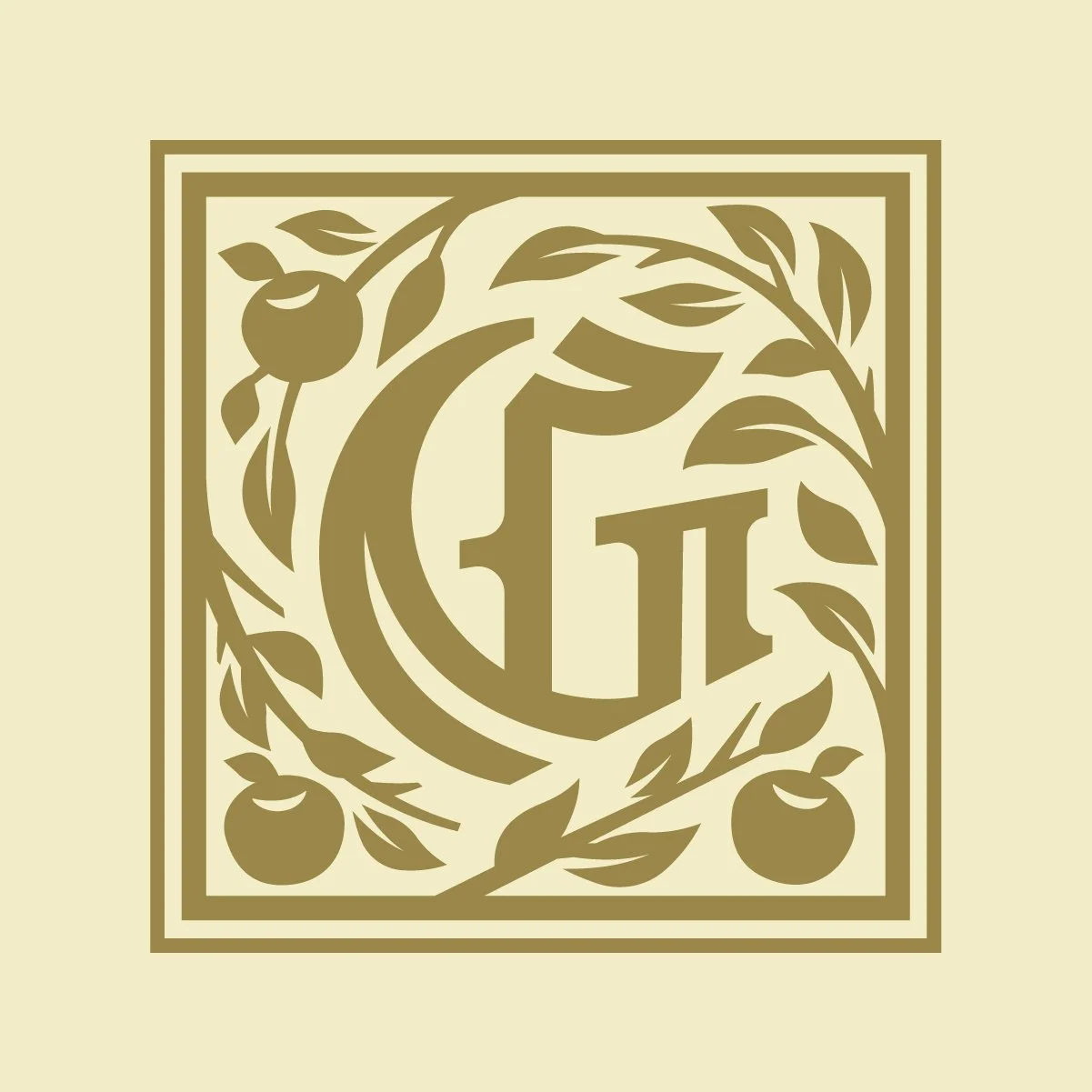 A decorative logo featuring the initials G and T intertwined in gold, surrounded by a wreath of leaves and small fruits, all on a light background.