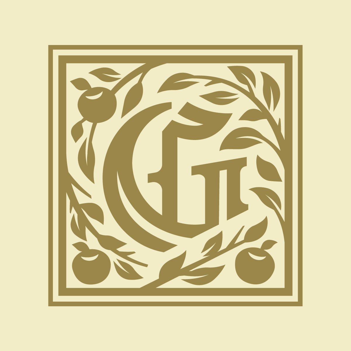 Decorative square design with a large letter 'G' in the center, surrounded by leaves and cherries, in a gold color on a light background.