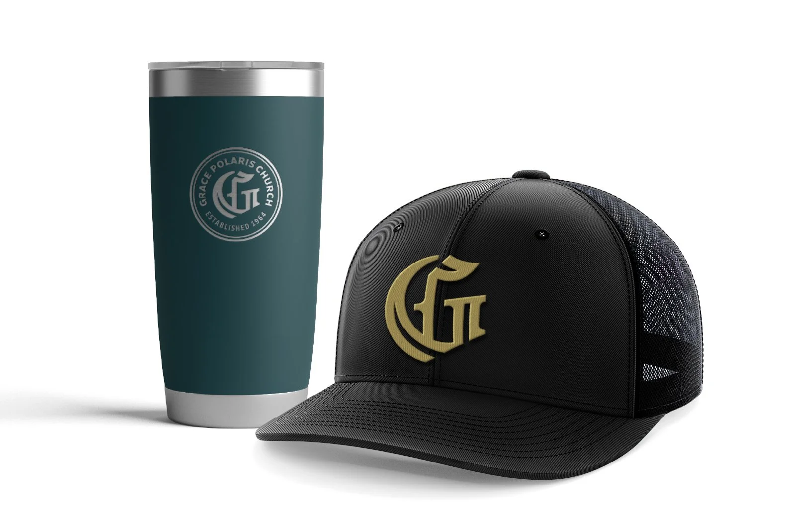 A gray tumbler with a teal sleeve and polished metal lid next to a black baseball cap with a mesh back, both featuring a gold and teal logo of Grace Polaris Church.