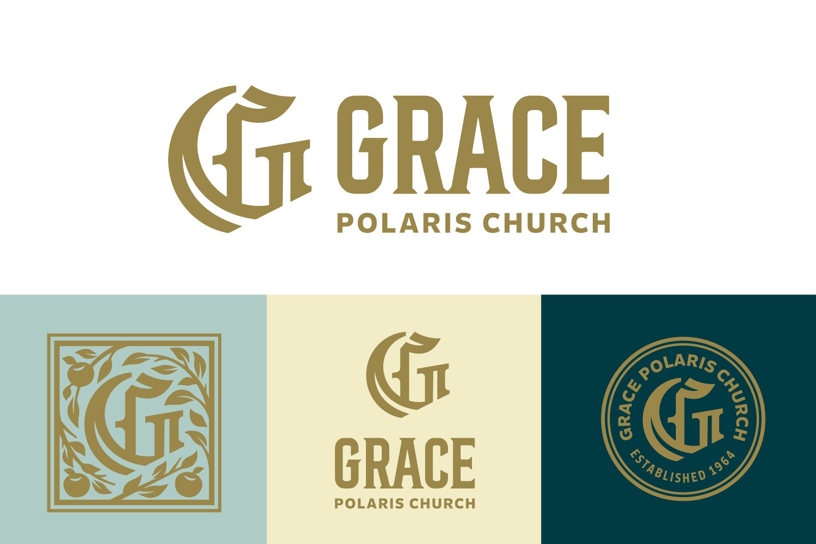 Logo collage for Grace Polaris Church showcasing three variations: a large emblem with the church name, a square emblem with a stylized G and decorative elements, and a circular emblem with the church name and establishment year.