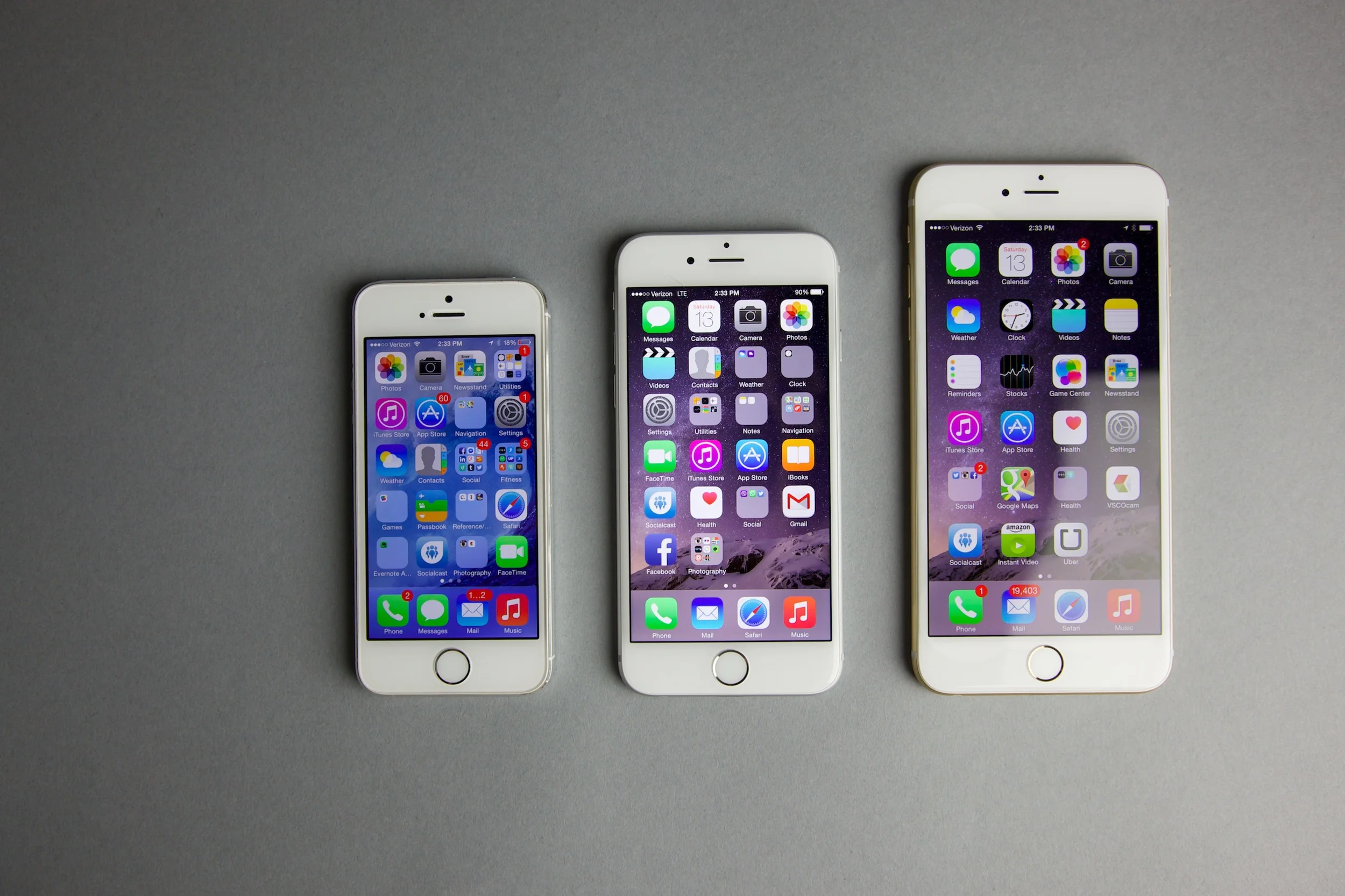 Left to right: iPhone 5S, iPhone 6, iPhone 6 plus