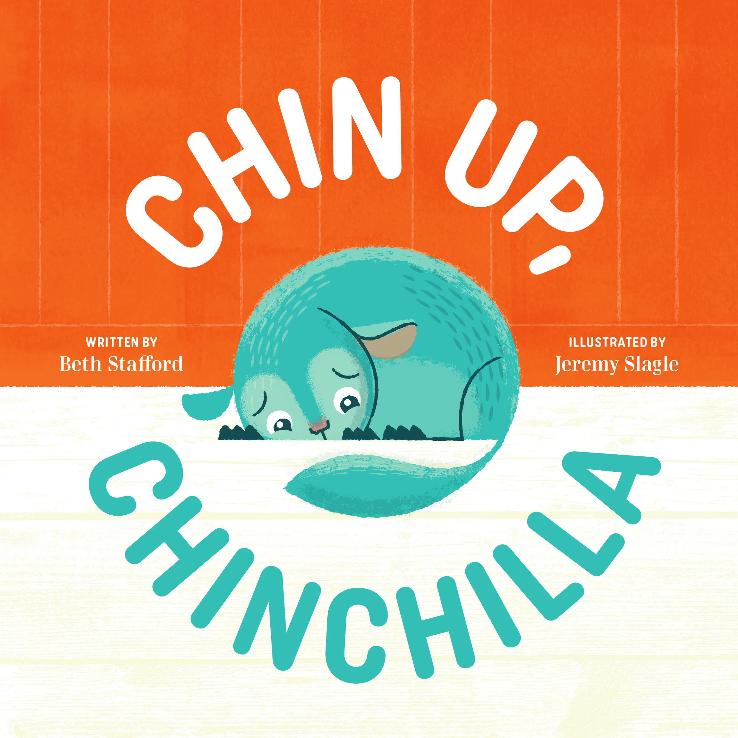 Bright orange background with white stylized text that says 'CHIN UP' and a cartoon illustration of a smiling blue chin with a chin strap, surrounded by light blue text that reads 'you are enough'.