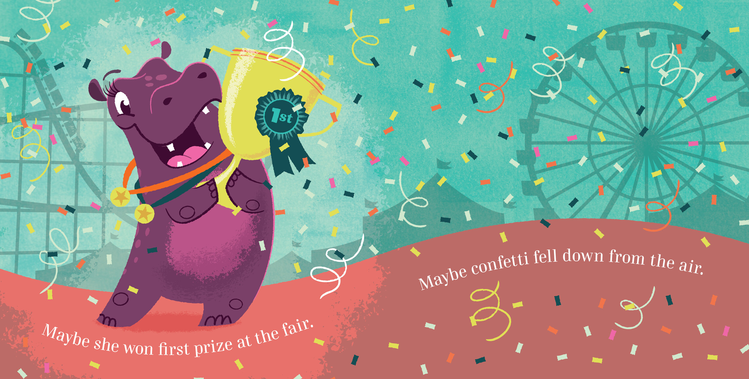 A cartoon purple hippopotamus celebrating with a yellow ribbon marked "1st" and surrounded by colorful confetti, set against an amusement park with a roller coaster and Ferris wheel in the background. There is text at the bottom that reads, "Maybe she won first prize at the fair."