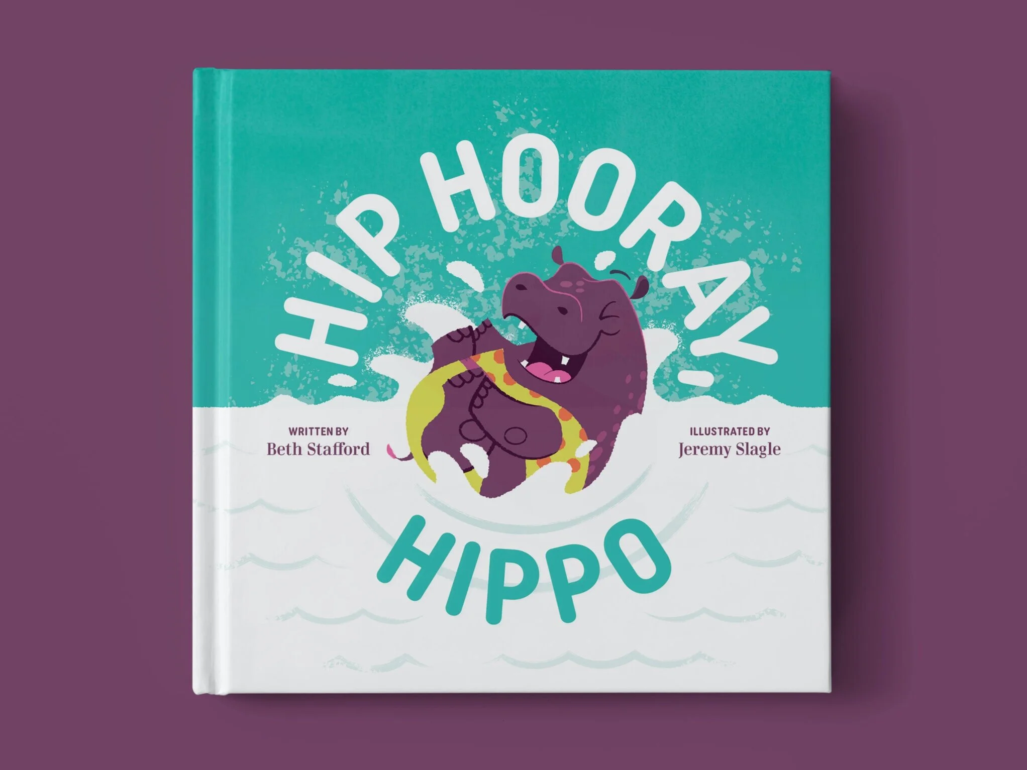 Book cover titled "Hippos" with an illustration of a purple hippo holding a sandwich and smiling, set against a teal background with white splashes and a purple wall background.
