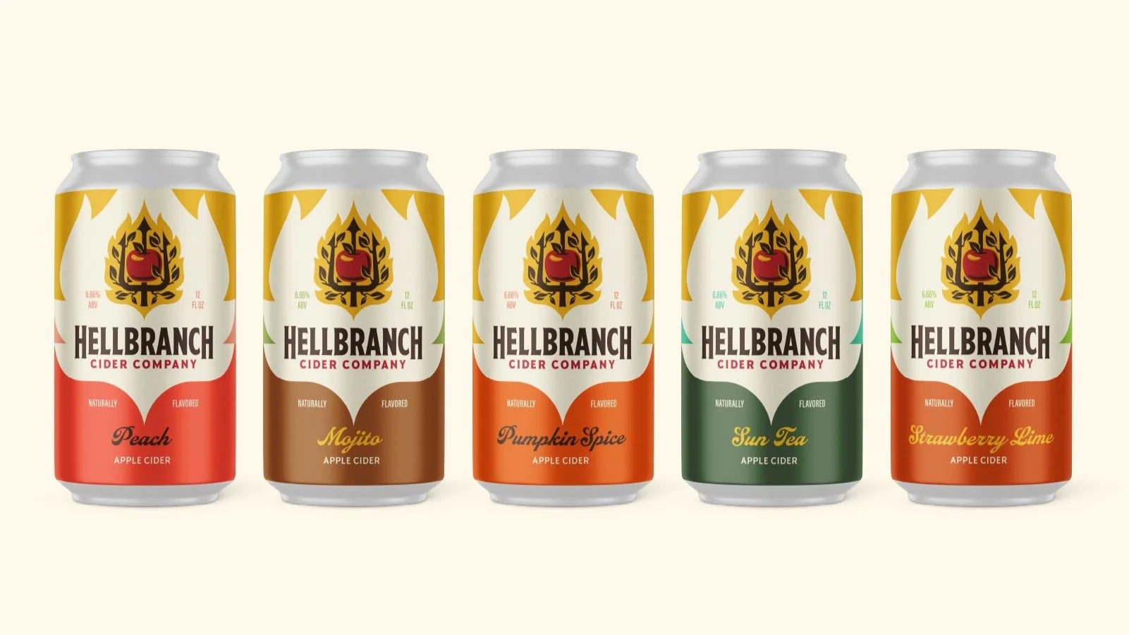 Five cans of Hellbanch cider, each with different flavors including Peach, Mojito, Pumpkin Spice, Sun Tea, and Strawberry Lime, arranged in a row against a beige background.