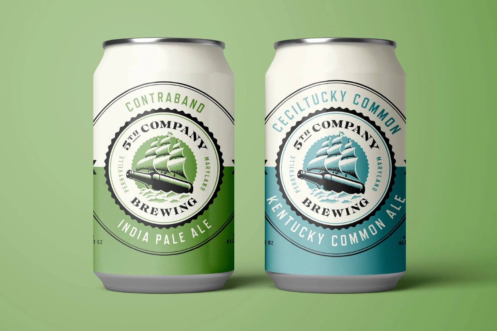 Two cans of beer from 5th Company Brewing, with one labeled India Pale Ale and the other labeled Kentucky Common, against a green background.