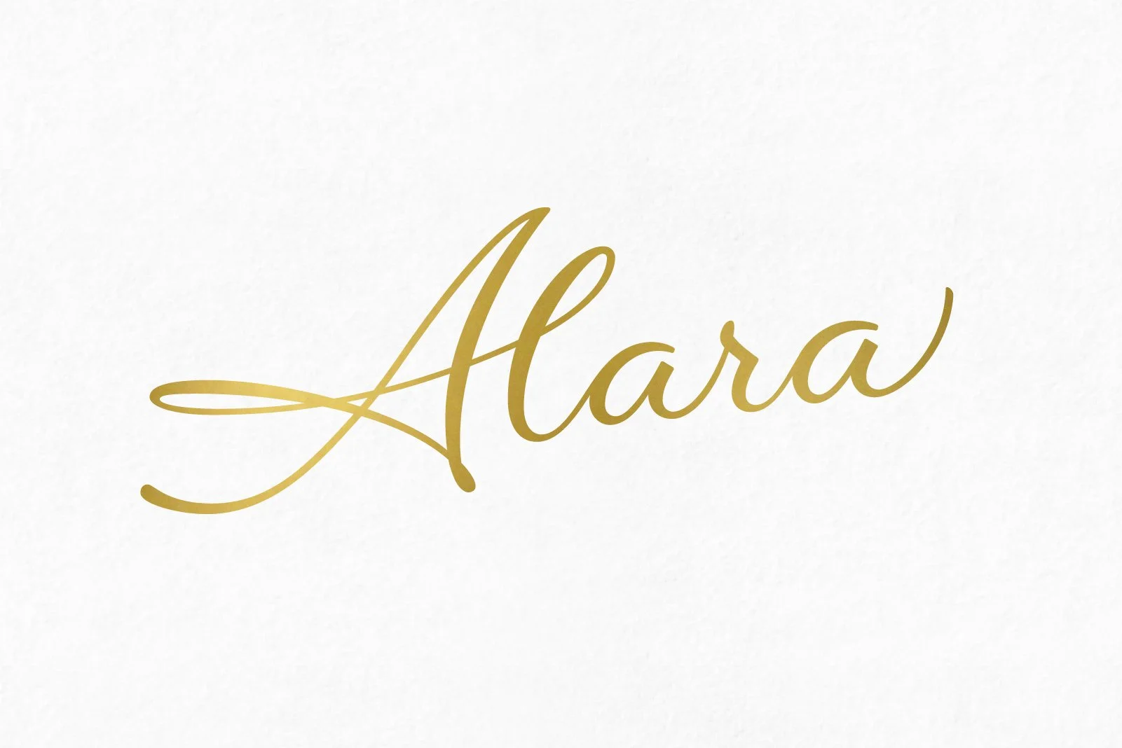 The name "Alara" written in elegant gold cursive font on a white textured background.