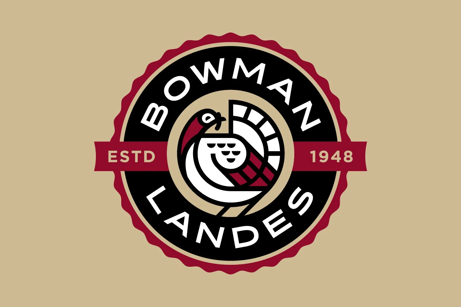 A circular emblem with a turkey illustration at the center, surrounded by black, beige, and red borders. The emblem reads "BOWMAN LANDS" and "ESTD 1948" on a red banner.