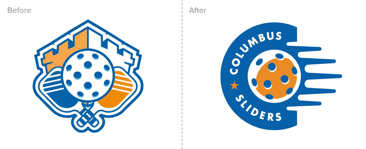 Comparison of two ice hockey logos, the left one before and the right one after redesign, featuring a stylized hockey puck and the words 'Columbus Sliders'.