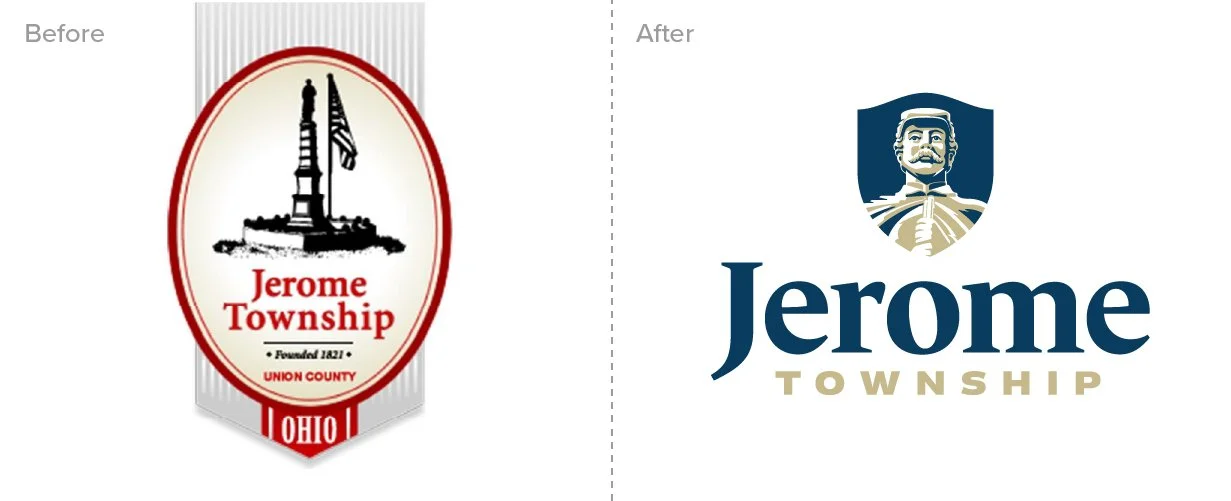 Comparison of two logo designs for Jerome Township, Ohio. The 'Before' logo features a black and white lighthouse illustration with red and black text, while the 'After' logo has a modern design with a stylized person in a shield and blue and gold text.