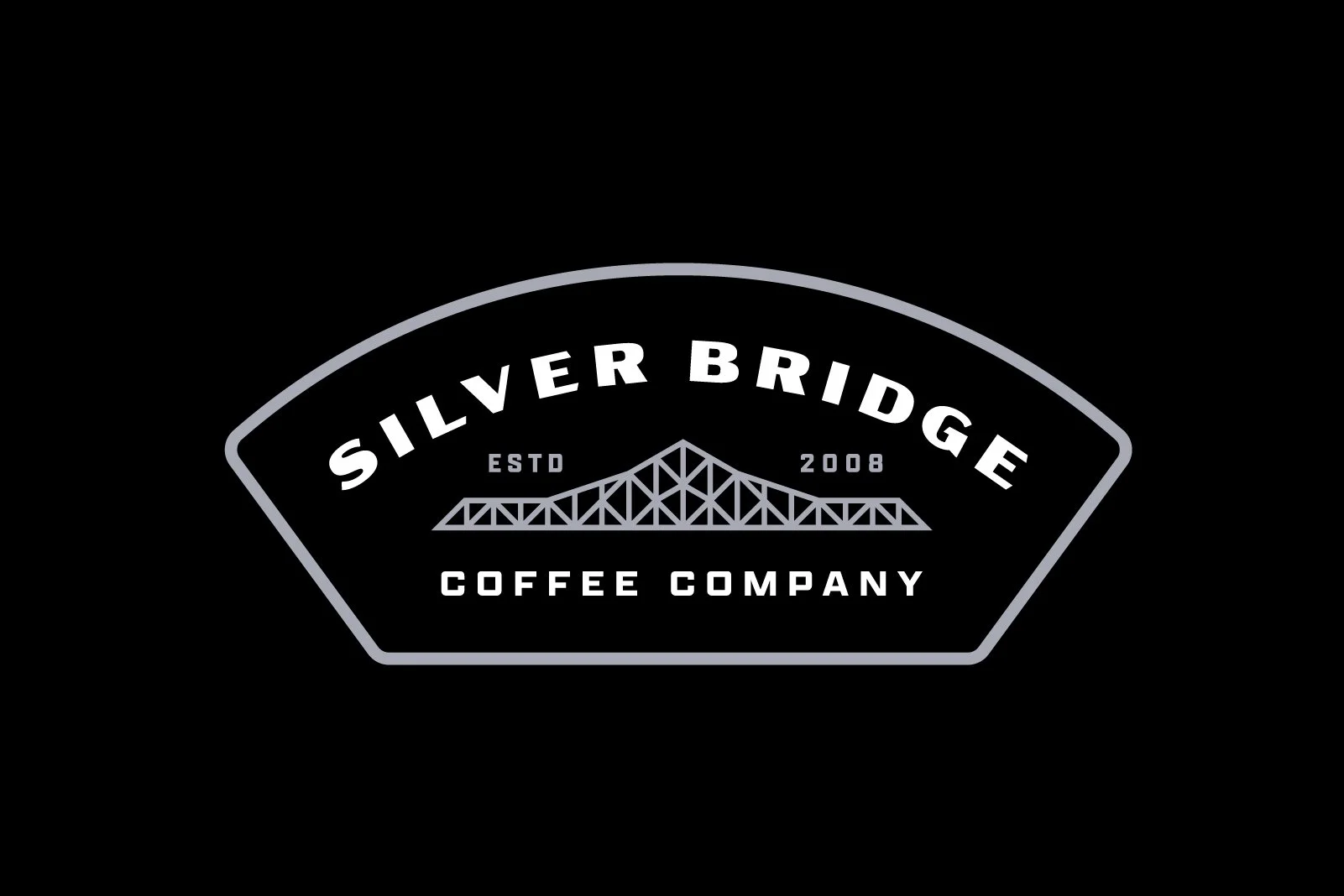Silver Bridge Coffee Company logo with an illustration of a bridge, set against a black background.