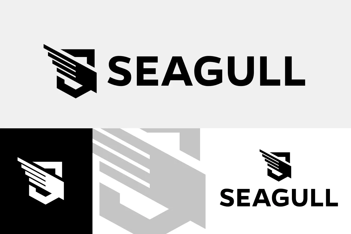 Three variations of a logo for SEAGULL, featuring a stylized seagull in black and the word SEAGULL in bold black letters.